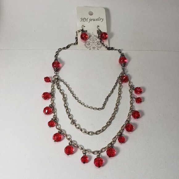 Women's Layered Silver tone & Pink Drop Beaded Necklace with Matching Earrings - Picture 5 of 6